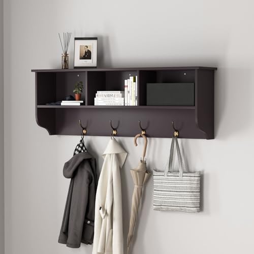 Elegant Espresso Wooden Wall-Mounted Coat Rack with Shelf - Entryway Organizer with 4 Dual Hooks - Modern Storage Display for Home Decor, Plants, Photos - MDF Construction - 39"x8"x14" - Image 4