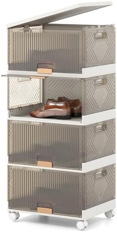 Giantex 4 Tier Stackable Storage Bins with Lids, 18 GalFoldable Shoe Storage Box with Detachable Wheels & Flip-Up Doors, Collapsible Closet Organizers and Storage Bins by Giantex