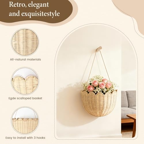 Natural Handwoven Scalloped Wall Basket Set of 2, Premium Rattan Wicker Wall Hanging Organizer for Boho Home Decor, Decorative Wall Storage for Bathroom, Entryway, Living Room & Craft Room - Image 4