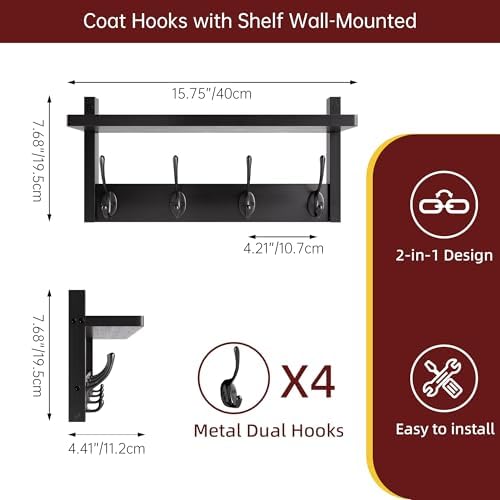 STELLSTAR Coat Rack with Shelf, 2 Pack Bamboo Wall-Mounted Coat Hanger with 8 Hooks for Entryway, Hallway, Kitchen, Bathroom, Living Room, Utility Room (Black) - Image 4