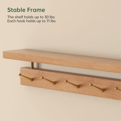 Solid Wood Wall Hooks with Shelf, Coat Rack Wall Mount, Entryway Hanging Shelf with 9 Brass Hooks for Hats, Clothes, Towels, Bags, Beech Wood, Natural - Image 3