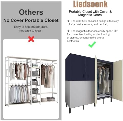 Heavy Duty Clothes Rack with Cover & Magnetic Doors, 1500lb Portable Wardrobe Closet - Foldable Garment Rack for Bedroom, Large Storage for Hanginng Dresses Jackets (Blue, 70.8IN) - Image 6