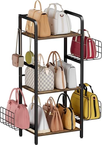 3-Tier Purse Organizer Rack, Iron & Wood Floor-Standing Bag Storage Holder with Adjustable Side Basket and Hook Handbag Organizers Display Stand Shelf for Closet, Bedroom, Entryway, Black by Tuohours