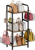3-Tier Purse Organizer Rack, Iron & Wood Floor-Standing Bag Storage Holder with Adjustable Side Basket and Hook Handbag Organizers Display Stand Shelf for Closet, Bedroom, Entryway, Black by Tuohours