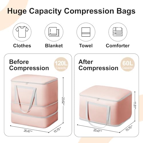 Comforter Storage Bag - 120L Bedding Storage Bags for Moving Closet, Washable Blanket Storage Bag, Ultra Space Saving Self Compression Organizer, 4-Pack, Pink - Image 2