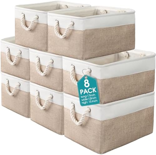 meekoo 8 Pack Fabric Storage Bins Baskets, 17 x 12 x 15 in, Beige by meekoo