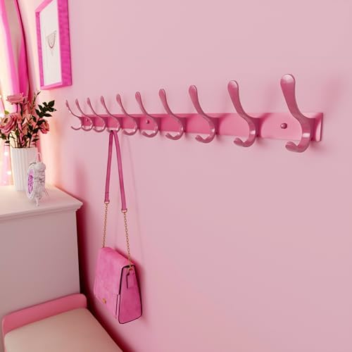 SKOLOO Coat Rack Wall Mounted - 10 Hooks, Pack of 2, Heavy Duty, Stainless Steel, Metal Wall Hanger, Sturdy Coat Hooks for Hanging Coats, Jacket, Clothes, Hat, Pink - Image 4