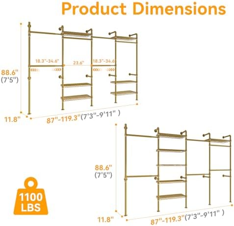 Higeego W4 Wall Mounted Clothes Rack, Industrial Pipe Clothing Rack, Gold - Image 5