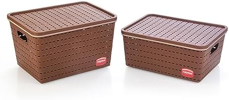 Nayasa Lacy Plastic Round 3 Piece Basket Set, Beige, Peach and Chocolate - Image 2