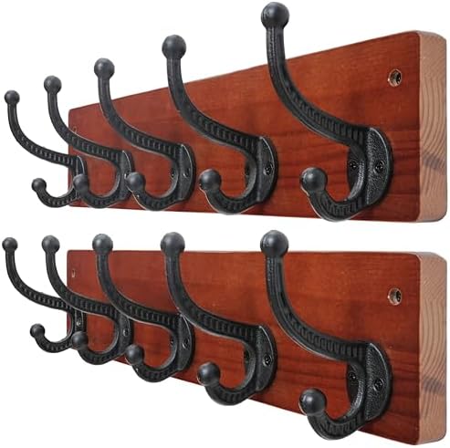 WEBI Rustic Coat Rack Wall Mount,5 Cast Iron Coat Hooks Wall Mounted,Heavy Duty Wood Wall Coat Hanger Hooks for Hanging Coats,Jacket,Clothes,Backpack,Farmhouse,Cherry,2 Packs by WEBI