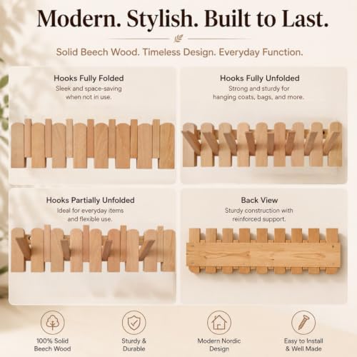 Piano Coat Rack, Solid Beech Wall Hooks, Walnut Finish, 8 Hooks - Image 4