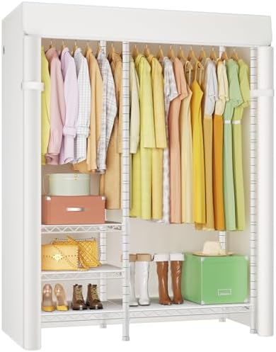 Ulif F4C Heavy Duty Clothes Rack with Dustproof Cover，Freestanding Clothing Racks for Hanging Clothes，Adjustable Closet Organizer System，Portable Garment Rack 45"W*15.8"D*71.3"H，Max Load 600LBS，White by Ulif