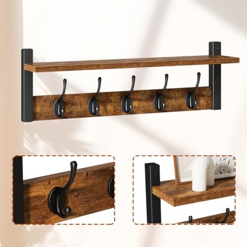 47.2" Coat Rack Wall Mount with Shelf and 10 Hooks, Rustic Brown UHWS004H-2 - Image 5