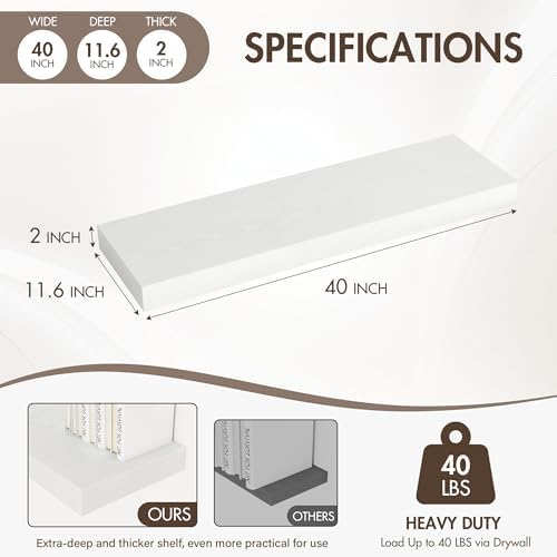 Acovy 40 Inch Floating Shelves, 12" Deep Floating Shelf Wall Mounted, 40" Wall Shelves, Rustic Deep Bookshelf, Extra Deeper & Thicker Display Shelves for Bedroom, Living Room, White, Set of 2 - Image 4