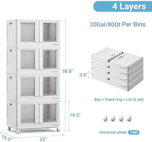 BROVIEW 400 Qt Stackable Storage Bins with Lids & Doors, 4 Pack Plastic Closet Organizer and Storage Drawers with Wheels, Large Collapsible Storage Boxes, Cabinet for Home, Office, V10, White - Image 2