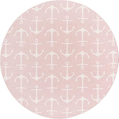 Unique Loom Outdoor Coastal Collection Area Rug - Ahoy (10' Round, Pink/ Ivory) - Image 2
