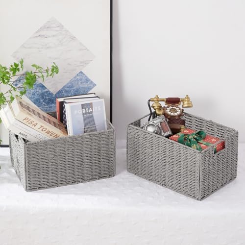 Vagusicc Wicker Storage Basket, Set of 2 Hand-Woven Paper Rope Wicker Basket, Small Storage Baskets for Organizing Toilet Paper Basket, Foldable Large Cube Storage Organizer Bins for Shelves (Grey) - Image 4