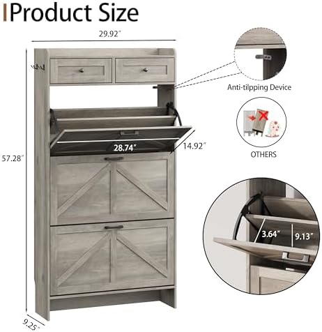 Shoe Cabinet with 3 Flip Drawers & 2 Top Drawers, 57" Tall Freestanding Narrow Wooden Shoe Storage Organizer for Entryway, Hidden Slim Shoe Rack for Front Door Entrance, Hallway, Living Room, Grey - Image 2