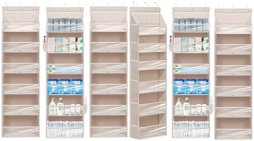 Over Door Organizer with 6 Extra Large Pockets 12 Side Pockets, Sturdy Closet Storage Rack, Hanging Storage Organizer with Clear Window for Shoes, Diaper, Bedroom, Bathroom, Beige, 6-Pack by Unknown