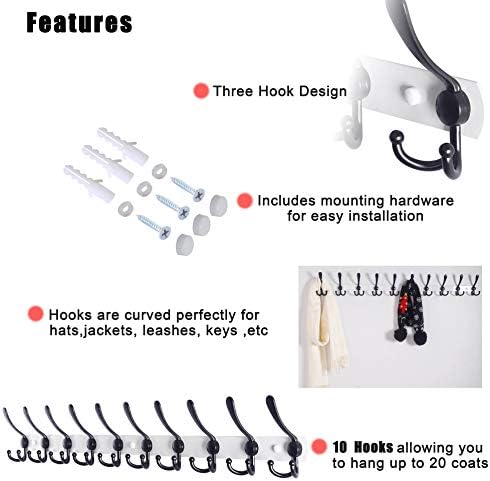 Dseap Coat Rack Wall Mount - 38” Long 10-Tri-Hooks Heavy Duty Coat Hanger Rail Wall Hooks for Hanging Coats Hats Clothing Clothes Purse Mudroom Entryway, White/Black, Pack of 2 - Image 5