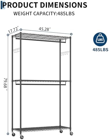 Heavy Duty Clothes Rack with Cover, 485LBS Capacity, Portable Closet Wardrobe on Wheels, Carbon Steel, Dustproof, Tool-Free Assembly, Clothes Racks for Hanging Clothes, for Bedroom, Laundry, Storage - Image 2