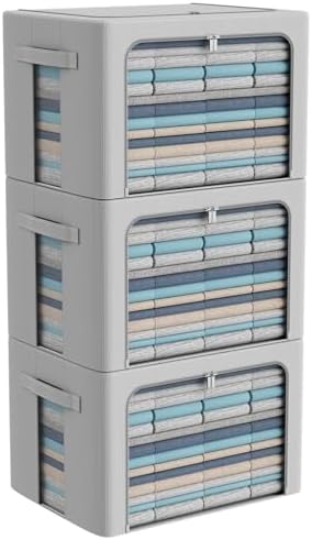 CYhom 3Pack Frame Storage Box - Clothes Storage Bin Bags Oxford Fabric Foldable Stackable Container Organizer Set with Clear Window & Carry Handles Large Capacity (Grey, Large-66L) by CYhom