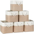 Temary 6-Pack Cube Storage Bins, 11 Inch Foldable Fabric Storage Cubes with Cotton Rope Handles, Sturdy Linen Organizer Baskets with Metal Frame for Shelves, Closet, Nursery (White&Khaki) by TEMARY