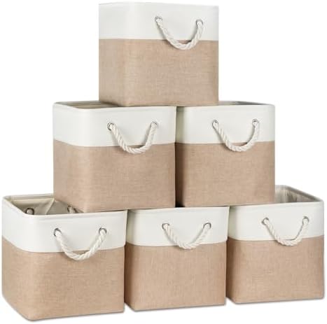 Temary 6-Pack Cube Storage Bins, 11 Inch Foldable Fabric Storage Cubes with Cotton Rope Handles, Sturdy Linen Organizer Baskets with Metal Frame for Shelves, Closet, Nursery (White&Khaki) by TEMARY