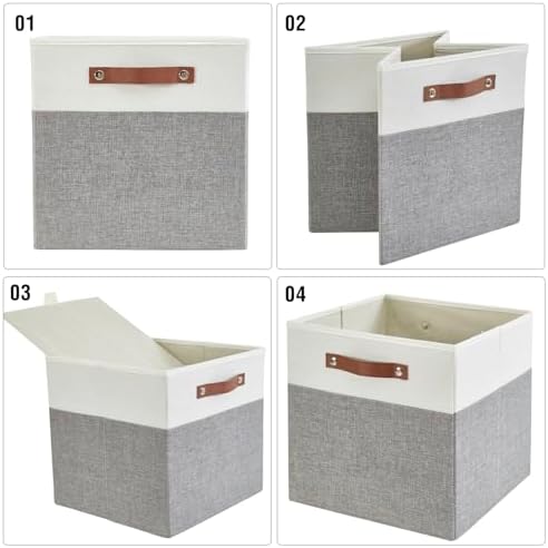 Bagnizer 13x15x13 Storage Cube Bins, Foldable Storage Organizer Baskets, Fabric Cube Storage Boxes with 2 Reinforced PU Handles for Kallax, Shelves, Living Room | 4 Pack, Gray & White - Image 6