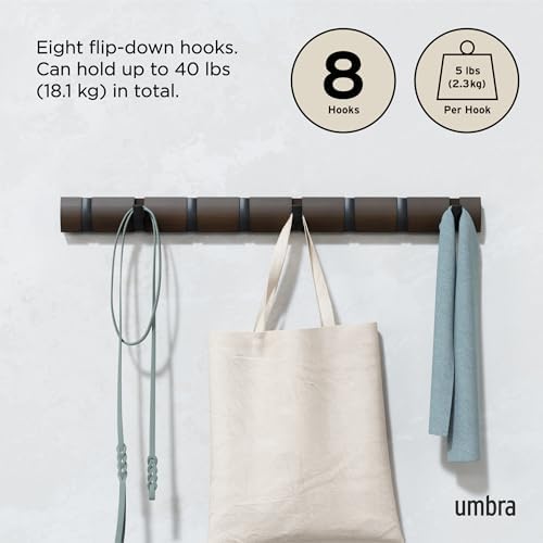 Umbra Flip Coat Rack, Wall Mount 8-Hook, Space Saving, Walnut/Black - Image 5