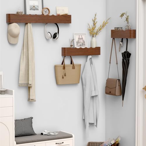 Coat Rack Wall Mount with Hidden Hooks, Wall Hooks with Shelf, Wall Key Holder Mount Wooden Shelf Entryway Hooks for Bedroom Bathroom for Hanging Coats Hats Bags Towels (Walnut Wave-Shape, 5 Hooks) - Image 5
