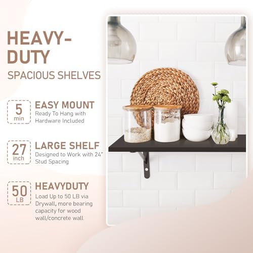 Kaboon 27 inch Long 10 inch Deep Floating Shelves for Wall Set of 2, Large Open Shelves Wall Mounted, Space Saving Home and Commercial Use, Black - Image 4