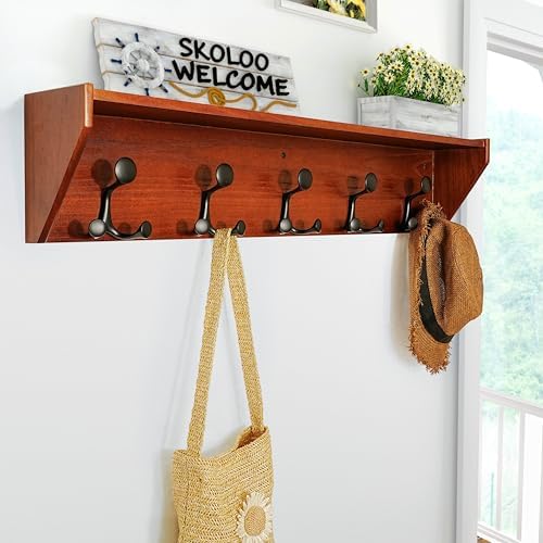 SKOLOO Wall Shelf with Hooks, 35-Inch Cherry Coat Rack Wall Mount with Shelf Organizer - Lightweight & Sturdy​​, 5 Tri Hooks - Perfect for Entryway, Hallway, Living Room, Bedroom, Mudroom - Image 2
