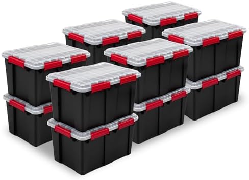 Sterilite 12 Pack Gasket Box, Stackable Plastic 13.5 Gallon Storage Container with Lids, Black - Waterproof and Dustproof Tote for Home Organization by Sterilite