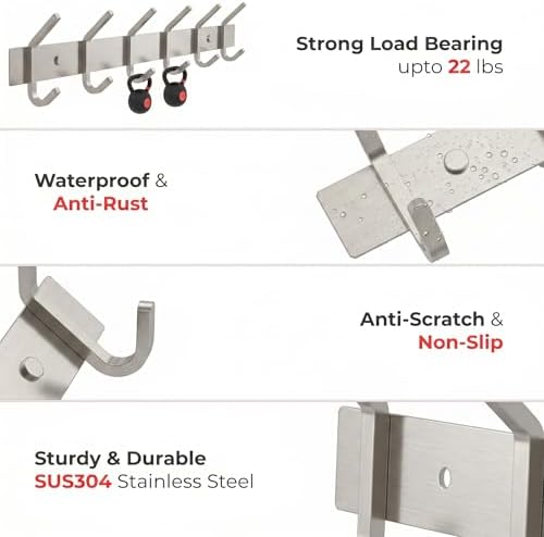 Coat Rack Wall Mount – Brushed Nickel 17 Inch Stainless Steel Hook Rail with 6 Heavy Duty Double Coat Hooks – Wall Mounted Coat Hanger for Entryway, Bathroom, Bedroom, Towel, Hat Organizer - 6 Pack - Image 4