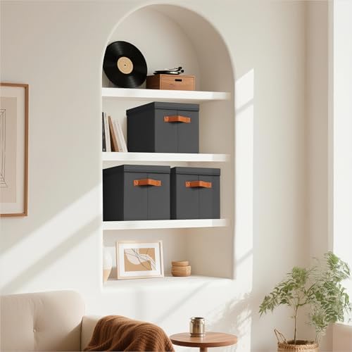 Homsorout Storage Bins with Lids - Fabric Storage Baskets for Shelves, 8 Pack Foldable Decorative Boxes with Handles, Stackable Organizer Bins for Home, Nursery, Dorm, Black - Image 2