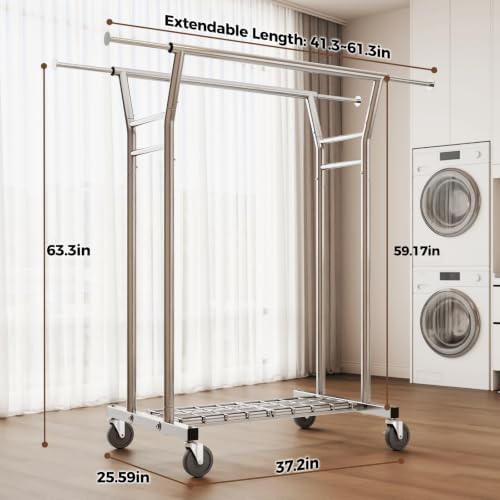 HYSEYY Heavy Duty Clothes Rack, Rolling Clothing Rack for Hanging Clothes with Shelves Load 700LBS,Portable Garment Wardrobe Closet Rack with Wheels for Bedroom,Laundry Room,Retail Store,Silver - Image 5