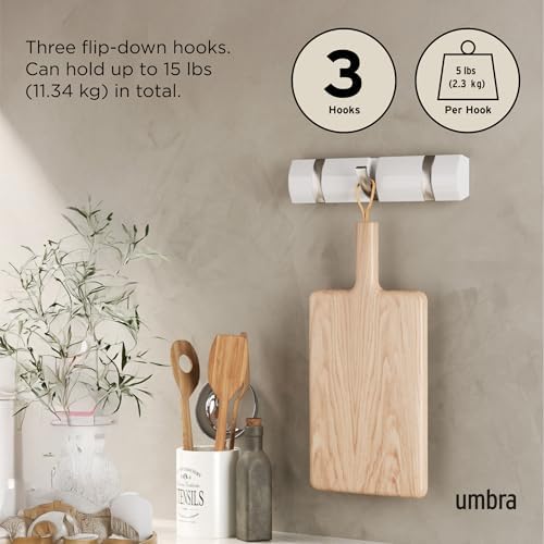 Umbra Flip Coat Rack, Wall Mount Retractable Hooks, 3-Hook, White/Nickel - Image 4