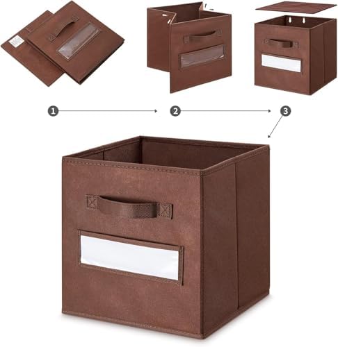 13x13x13 storage cube bins (Set of 10) Fabric storage cubes with 10 Labels Window Cards & a Pen, storage cubes 13x13, Collapsible 13 inch cube storage bins, Cubby Organizer Boxes, Brown - Image 4