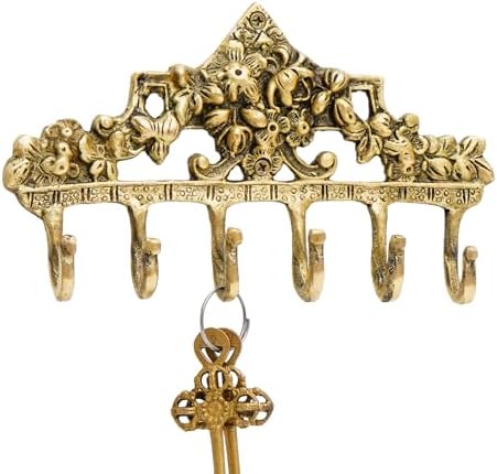 Indian Shelf Vintage Brass Floral Wall Hook Rack for Keys, Coats and Bags by IndianShelf