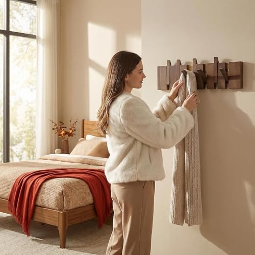 16.9" Wooden Piano Key Coat Rack Wall Mounted, 6 Hooks Natural Walnut Wall Coat Rack, Wall Mounted Coat Rack for Hanging Coats/Hats/Keys/Towels/Bags - Image 2