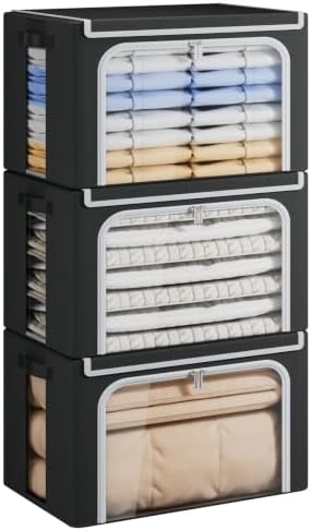 Yecaye Large Clothes Storage Bins with Metal Frame, 66L, 3 Pack, Black by Yecaye