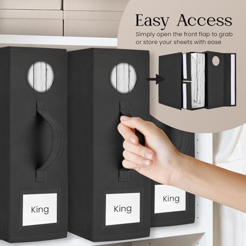 TOSORO 6 Pack Bed Sheet Organizer and Storage, Foldable Storage Organizer for Linen Closet with Viewing Window & Label for Bedding Sheets & Blankets (Queen & King Size) Black - Image 3
