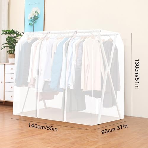 Clothes Rack Cover with Zipper, Dustproof Clothes Cover with 2 Durable Zipper Clothing Waterproof Protector, Designed for X-Type Coat Racks(White,140x130x95cm/55x51x37in) - Image 2