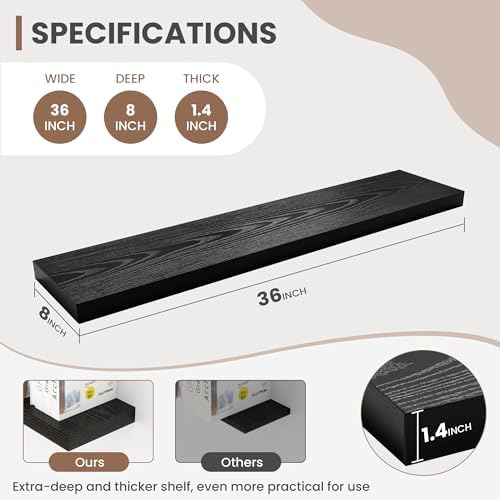 Acovy 36 Inch Floating Shelves, 8 Inch Deep Floating Shelves for Wall, Hanging Shelf with Invisible Brackets, Deep Shelves for Bathroom, Bedroom, Living Room, Black, Set of 2 - Image 3