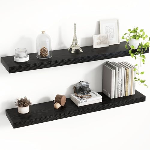 Acovy 36 Inch Floating Shelves, 8 Inch Deep Floating Shelves for Wall, Hanging Shelf with Invisible Brackets, Deep Shelves for Bathroom, Bedroom, Living Room, Black, Set of 2 by Acovy
