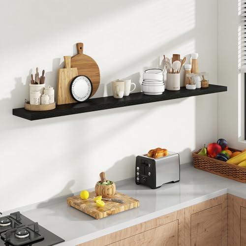 Acovy 72 Inch Floating Shelves, 8 Inch Deep Floating Shelves for Wall, Hanging Shelf with Invisible Brackets, Deep Shelves for Bathroom, Bedroom, Living Room, Black, Set of 1 - Image 2