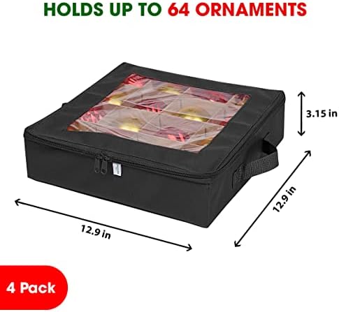 ProPik 4 Pcs Christmas Ornament Storage Boxes with Dividers | 4 Individual Trays Hold 64 Holiday Decoration Balls | Durable Ornaments Organizer Storage Box | Zippered Closure with Handles (Black) - Image 6