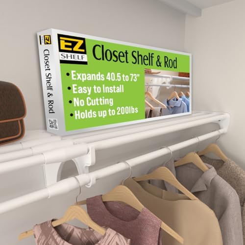 EZ SHELF- Closet Shelf with Hanging Rod, Expands 40.5-73", White, Closet Shelves Hold 200 lbs, Easy Install Closet Organizer to 2 Side Walls, Alternate for Closet Wire Shelving & Laundry Room Shelves by EZSHELF