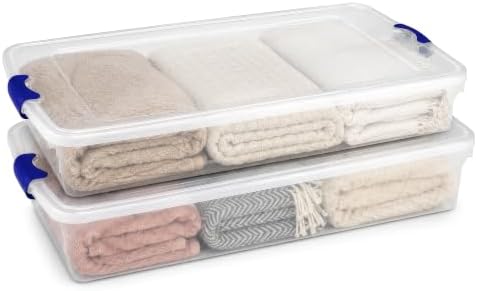 HOMZ Under Bed Clear Plastic Storage Bin w/Lid, 60 Qt, Blue Latch, 2 Pack by Homz
